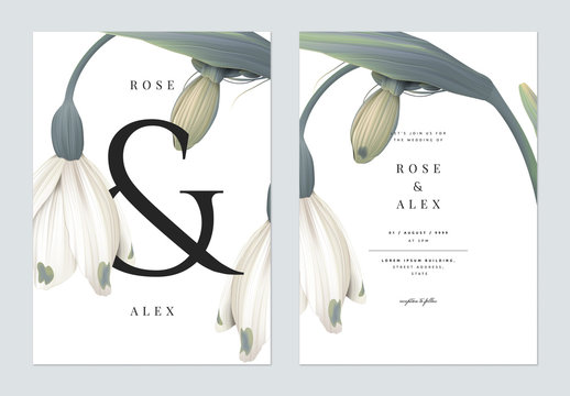 Minimalist floral wedding invitation card template design, snowdrop flowers with ampersand lettering on white