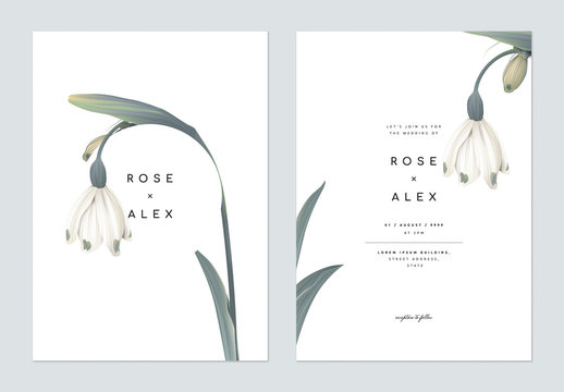 Minimalist floral wedding invitation card template design, snowdrop flowers with circle frame on white
