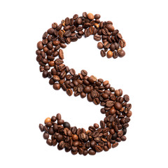 Letter S of the English alphabet of freshly roasted cocoa beans on a white isolated background. coffee pattern made from coffee beans. Font for coffein, the concept of vivacity and culture of coffee. 