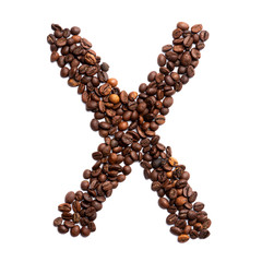 Letter X of the English alphabet of freshly roasted cocoa beans on a white isolated background. coffee pattern made from coffee beans. Font for coffein, the concept of vivacity and culture of coffee.