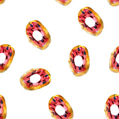 Donuts in watercolor style. Pattern on white background