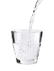 Pouring fresh pure water into a glass isolated on white background, Healthcare and beauty hydration concept