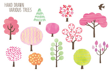Fototapeta na wymiar 手描きの可愛い木々のイラスト（春）