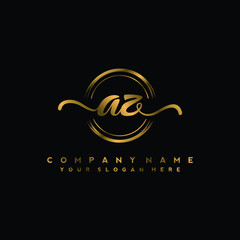 AZ Initial handwriting logo design with golden brush circle. Logo for fashion,photography, wedding, beauty, business