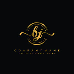 BJ Initial handwriting logo design with golden brush circle. Logo for fashion,photography, wedding, beauty, business