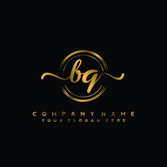 BQ Initial handwriting logo design with golden brush circle. Logo for fashion,photography, wedding, beauty, business