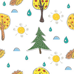 Seamless Pattern with Hand Drawn Trees, rain, leaves and Sun. Scandinavian Hand Drawn Style.