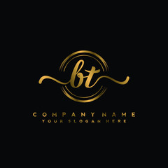 BT Initial handwriting logo design with golden brush circle. Logo for fashion,photography, wedding, beauty, business