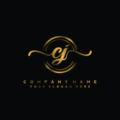 Fototapeta premium CJ Initial handwriting logo design with golden brush circle. Logo for fashion,photography, wedding, beauty, business