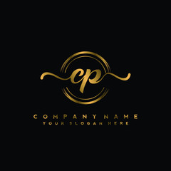 CP Initial handwriting logo design with golden brush circle. Logo for fashion,photography, wedding, beauty, business
