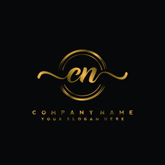 CN Initial handwriting logo design with golden brush circle. Logo for fashion,photography, wedding, beauty, business