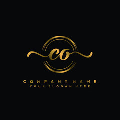 CO Initial handwriting logo design with golden brush circle. Logo for fashion,photography, wedding, beauty, business