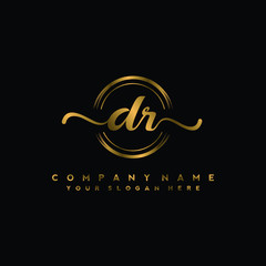DR Initial handwriting logo design with golden brush circle. Logo for fashion,photography, wedding, beauty, business