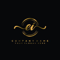 EI Initial handwriting logo design with golden brush circle. Logo for fashion,photography, wedding, beauty, business