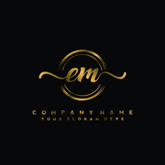 EM Initial handwriting logo design with golden brush circle. Logo for fashion,photography, wedding, beauty, business