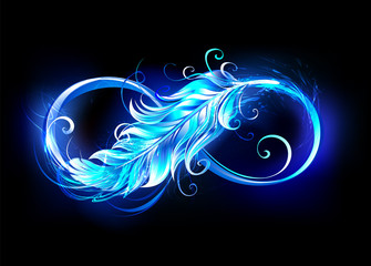 Fiery symbol of infinity with feather - obrazy, fototapety, plakaty