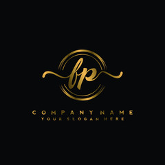FP Initial handwriting logo design with golden brush circle. Logo for fashion,photography, wedding, beauty, business