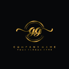 GG Initial handwriting logo design with golden brush circle. Logo for fashion,photography, wedding, beauty, business