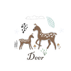 Cute Winter Icon with Deer. Hand Drawn Scandinavian Style. Vector Illustration