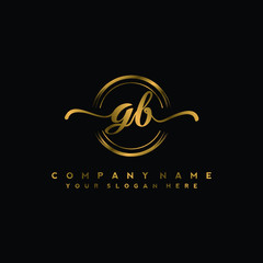 GB Initial handwriting logo design with golden brush circle. Logo for fashion,photography, wedding, beauty, business
