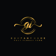 GI Initial handwriting logo design with golden brush circle. Logo for fashion,photography, wedding, beauty, business