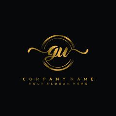 GU Initial handwriting logo design with golden brush circle. Logo for fashion,photography, wedding, beauty, business