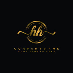 HH Initial handwriting logo design with golden brush circle. Logo for fashion,photography, wedding, beauty, business