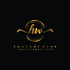 HW Initial handwriting logo design with golden brush circle. Logo for fashion,photography, wedding, beauty, business