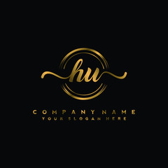 HU Initial handwriting logo design with golden brush circle. Logo for fashion,photography, wedding, beauty, business