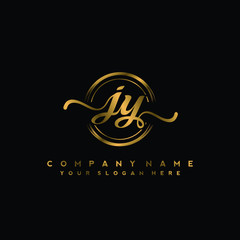 JY Initial handwriting logo design with golden brush circle. Logo for fashion,photography, wedding, beauty, business