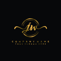 JW Initial handwriting logo design with golden brush circle. Logo for fashion,photography, wedding, beauty, business