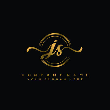 JS Initial handwriting logo design with golden brush circle. Logo for fashion,photography, wedding, beauty, business