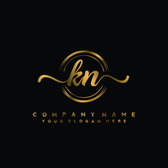 KN Initial handwriting logo design with golden brush circle. Logo for fashion,photography, wedding, beauty, business