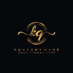 KQ Initial handwriting logo design with golden brush circle. Logo for fashion,photography, wedding, beauty, business