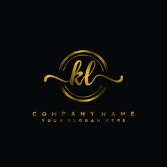 KL Initial handwriting logo design with golden brush circle. Logo for fashion,photography, wedding, beauty, business
