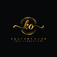 KO Initial handwriting logo design with golden brush circle. Logo for fashion,photography, wedding, beauty, business