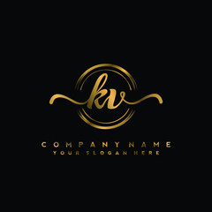 KV Initial handwriting logo design with golden brush circle. Logo for fashion,photography, wedding, beauty, business