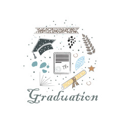 Graduation Package. Scandinavian Style, hand drawn design. Bow, tie, cap, mustache