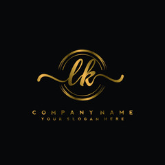 LK Initial handwriting logo design with golden brush circle. Logo for fashion,photography, wedding, beauty, business