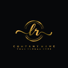 LR Initial handwriting logo design with golden brush circle. Logo for fashion,photography, wedding, beauty, business