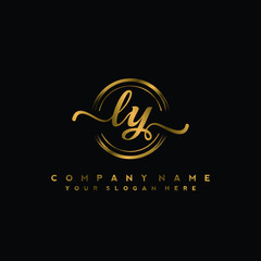 LY Initial handwriting logo design with golden brush circle. Logo for fashion,photography, wedding, beauty, business