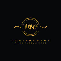 MC Initial handwriting logo design with golden brush circle. Logo for fashion,photography, wedding, beauty, business