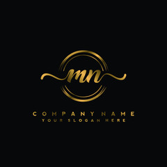 Fototapeta premium MN Initial handwriting logo design with golden brush circle. Logo for fashion,photography, wedding, beauty, business