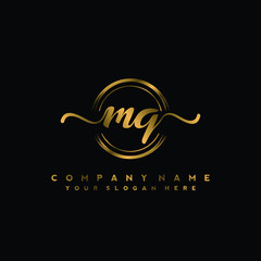 MQ Initial handwriting logo design with golden brush circle. Logo for fashion,photography, wedding, beauty, business