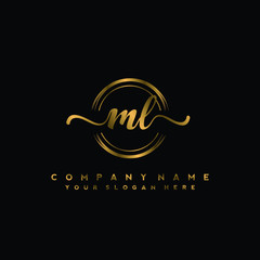 Fototapeta premium ML Initial handwriting logo design with golden brush circle. Logo for fashion,photography, wedding, beauty, business