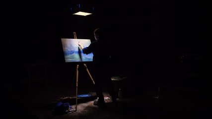 Artist copyist paint seascape with ship in ocean. Craftsman decorator draw as boat sail on blue...