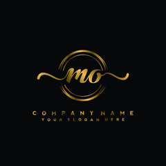 MO Initial handwriting logo design with golden brush circle. Logo for fashion,photography, wedding, beauty, business