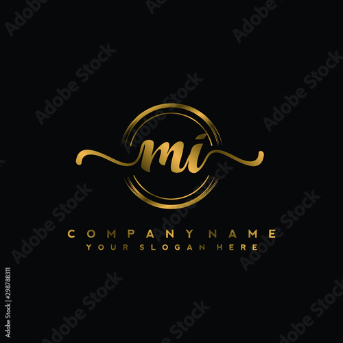 Mi Initial Handwriting Logo Design With Golden Brush Circle Logo For Fashion Photography Wedding Beauty Business Wall Mural Voke