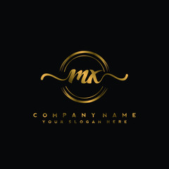 MX Initial handwriting logo design with golden brush circle. Logo for fashion,photography, wedding, beauty, business