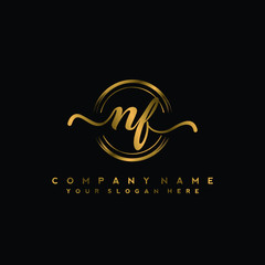 NF Initial handwriting logo design with golden brush circle. Logo for fashion,photography, wedding, beauty, business